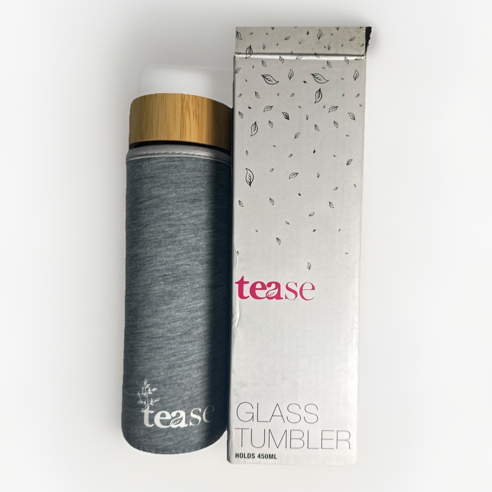 Tease Glass 450 Ml Tumbler w/Bamboo Lid, Stainless Steel Tea Strainer, Sleeve E3